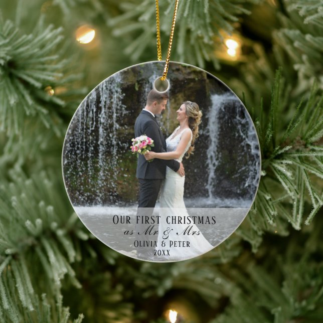 2 Photo First Christmas Married as Mr. & Mrs. Ceramic Ornament (Tree)