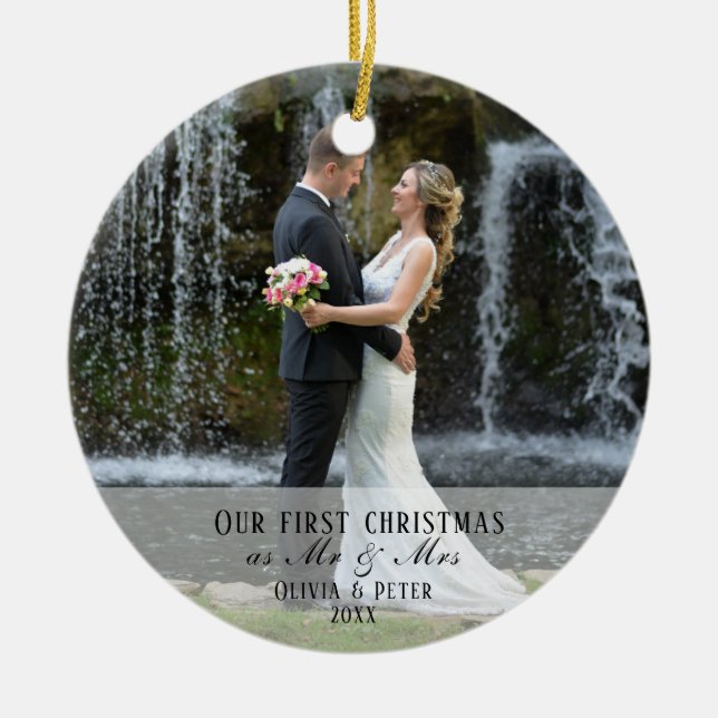 2 Photo First Christmas Married as Mr. & Mrs. Ceramic Ornament (Front)