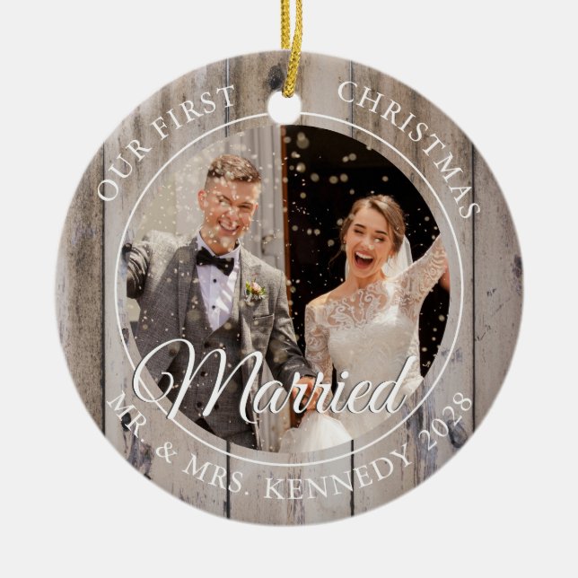2 Photo First Christmas Married Wood Ceramic Ornament (Front)
