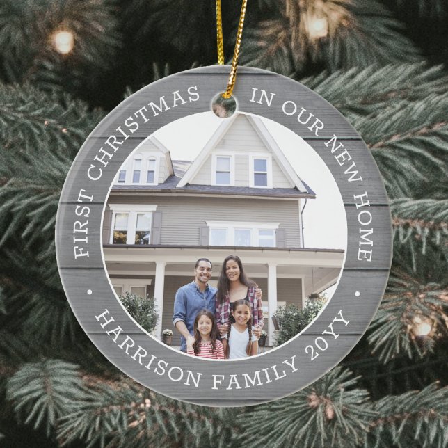 2 Photo First Christmas New Home Faux Grey Wood Ceramic Ornament (Creator Uploaded)