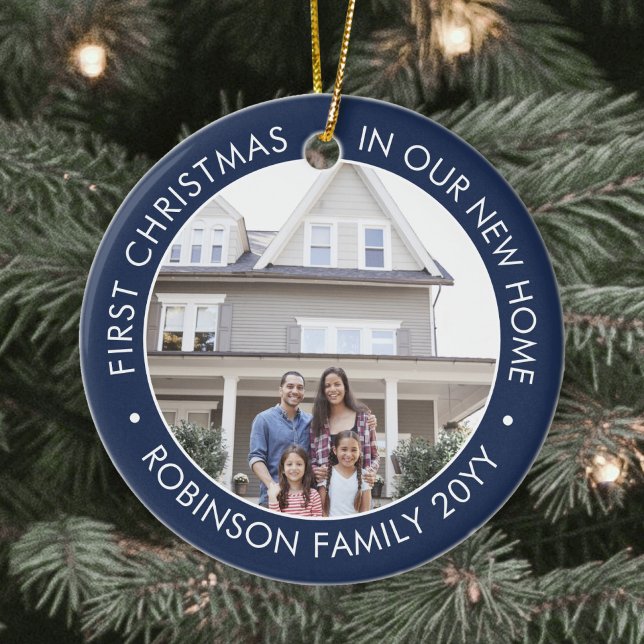 2 Photo First Christmas New Home Navy Blue & White Ceramic Ornament (Creator Uploaded)