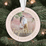 2 Photo First Christmas Together Blush Pink & Gold Ornament<br><div class="desc">Celebrate the joyful 1st holiday of your relationship or engagement with a custom 2 photo "Our First Christmas Together" blush pink and gold round acrylic ornament. All text and images on this template are simple to personalize and can be different or the same on front and back. (IMAGE & TEXT...</div>