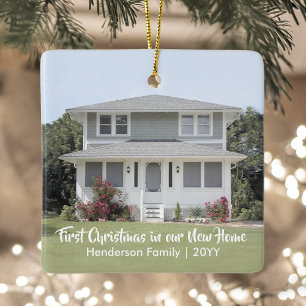 2 Photo First Xmas New Home Chic Modern Script Ceramic Ornament
