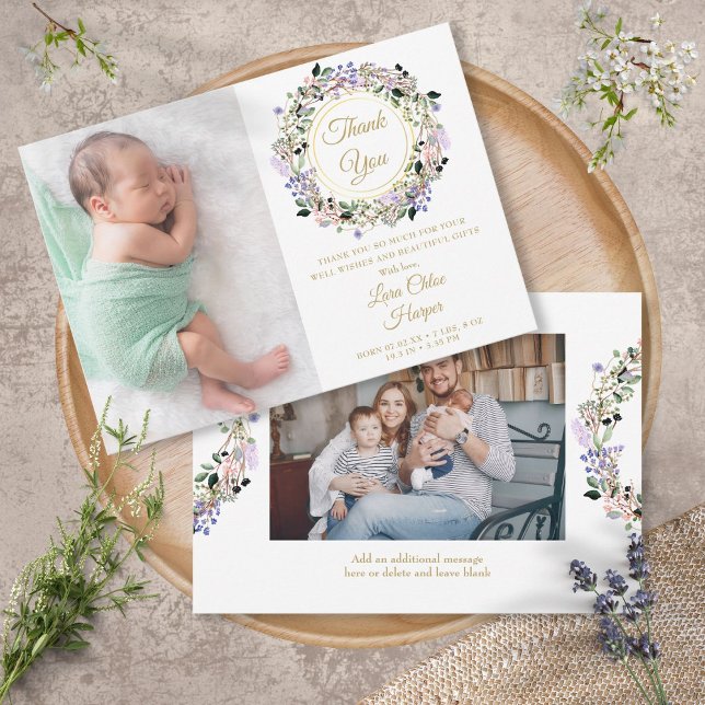2 Photo Floral Baby Gold Thank You Birth Announcement (2 Photo Floral Baby Gold Thank You Birth Announcement)