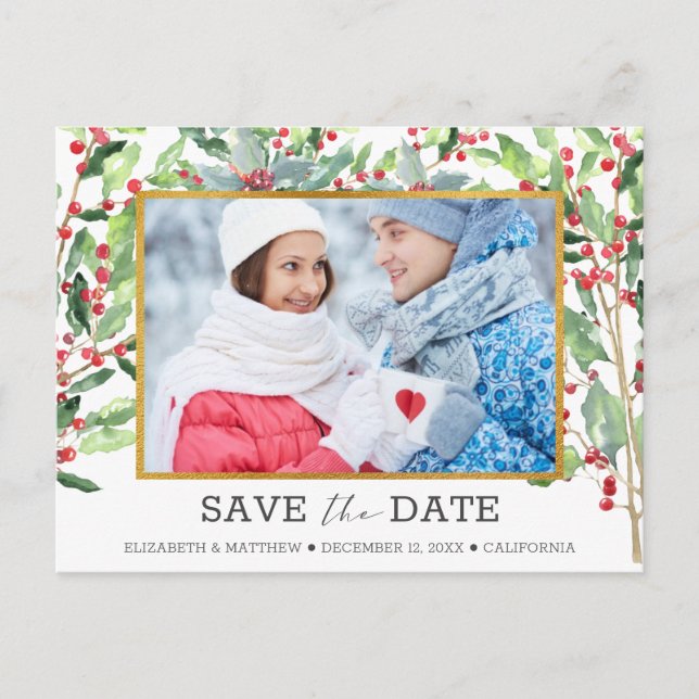 2 Photo Gold Foil Holiday Wedding Save the Date (Front)