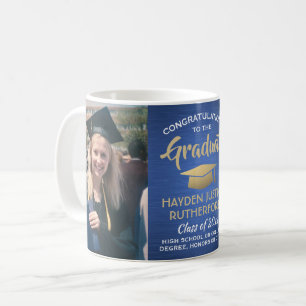 2 Photo Graduation Brushed Blue Gold and White Coffee Mug