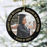 2 Photo Graduation Class Year & School Black Gold Ceramic Ornament<br><div class="desc">Commemorate the graduate's achievement with an elegant black and gold custom two photo round graduation Christmas ornament. Pictures and all text are simple to customize and can be different on front and back. (IMAGE & TEXT DESIGN TIPS: 1) To adjust position of wording, add spaces at beginning or end. 2)...</div>