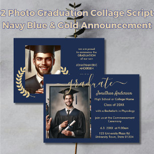 2 Photo Graduation Collage Script Navy Blue & Gold Announcement