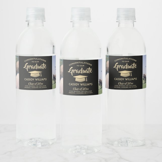 2 Photo Graduation Congrats Black and Gold Party Water Bottle Label (Bottles)