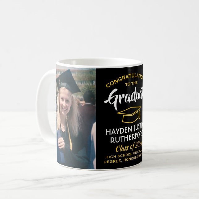 2 Photo Graduation Congrats Black Gold Yellow Coffee Mug (Front Left)