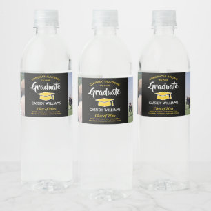 2 Photo Graduation Congrats Black Gold Yellow Water Bottle Label