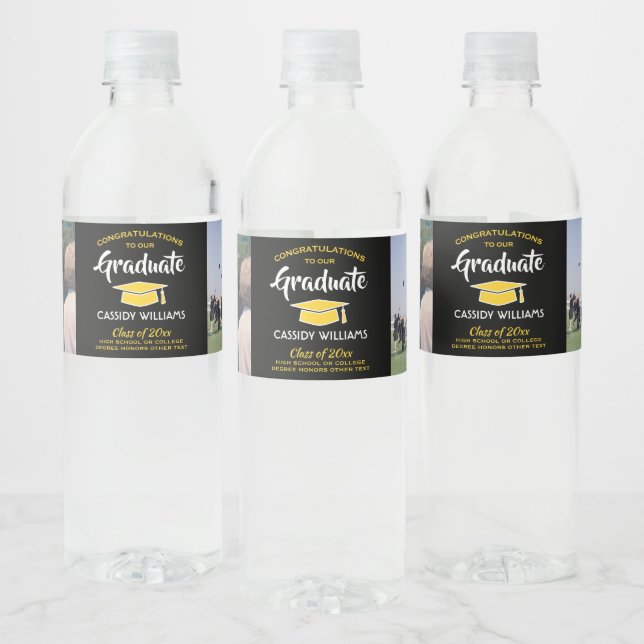 2 Photo Graduation Congrats Black Gold Yellow Water Bottle Label (Bottles)