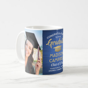 2 Photo Graduation Congrats Brushed Blue and Gold Coffee Mug