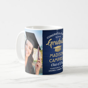 2 Photo Graduation Congrats Brushed Navy Blue Gold Coffee Mug