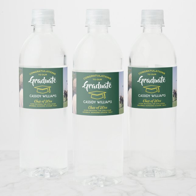2 Photo Graduation Congrats Green Gold Yellow Water Bottle Label (Bottles)