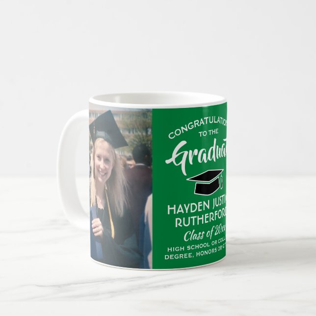 2 Photo Graduation Congrats Green White and Black Coffee Mug (Front Left)