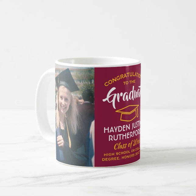 2 Photo Graduation Congrats Maroon Red Gold Yellow Coffee Mug (Front Left)