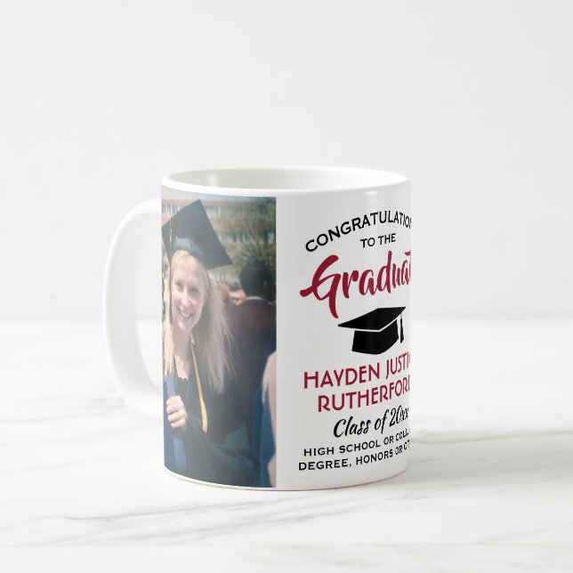 2 Photo Graduation Congrats Modern Red Black White Coffee Mug (Front Left)