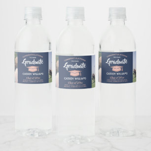 2 Photo Graduation Congrats Navy Blue & Pink Party Water Bottle Label