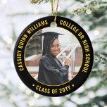 2 Photo Graduation Elegant Black Gold Yellow Ceramic Ornament<br><div class="desc">Commemorate the graduate's achievement with an elegant black and gold yellow custom two photo round graduation Christmas ornament. Pictures and all text are simple to customize and can be different on front and back.(IMAGE & TEXT DESIGN TIPS: 1) To adjust position of wording, add spaces at beginning or end. 2)...</div>