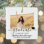 2 Photo Graduation Elegant Black Script Class Year Ceramic Ornament<br><div class="desc">Commemorate the graduate's achievement with a custom 2 photo square graduation Christmas ornament. Pictures and all text are simple to customize and can be different on front and back. (IMAGE PLACEMENT TIP: An easy way to centre a photo exactly how you want is to crop it before uploading to the...</div>