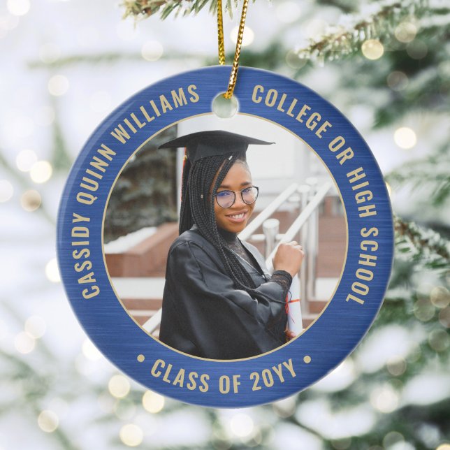2 Photo Graduation Elegant Brushed Royal Blue Gold Ceramic Ornament (Creator Uploaded)