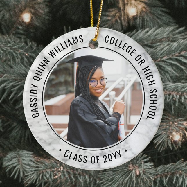 2 Photo Graduation Elegant Faux Marble Black White Ceramic Ornament (Creator Uploaded)