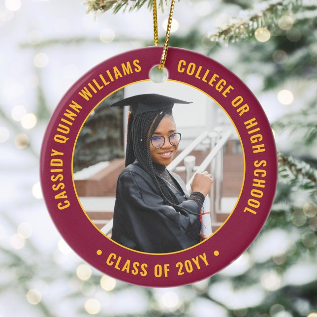 2 Photo Graduation Elegant Maroon Red and Gold Ceramic Ornament (Creator Uploaded)