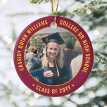 2 Photo Graduation Elegant Maroon Red Gold Yellow Ceramic Ornament<br><div class="desc">Commemorate the graduate's achievement with an elegant maroon and gold yellow custom two photo graduation round ceramic Christmas ornament. Pictures and all text are simple to customize and can be different on front and back. (IMAGE & TEXT DESIGN TIPS: 1) To adjust position of wording, add spaces at beginning or...</div>