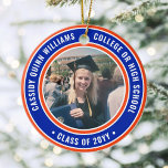 2 Photo Graduation Elegant Modern Orange and Blue Ceramic Ornament<br><div class="desc">Commemorate the graduate's achievement with a custom two photo orange and blue round graduation Christmas ornament. Pictures and all text are simple to customize and can be different on front and back.(IMAGE & TEXT DESIGN TIPS: 1) To adjust position of wording, add spaces at beginning or end. 2) To centre...</div>