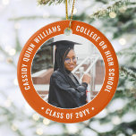 2 Photo Graduation Elegant Modern Orange and White Ceramic Ornament<br><div class="desc">Commemorate the graduate's achievement with an elegant orange and white custom two photo round graduation Christmas ornament. Pictures and all text are simple to customize and can be different on front and back. (IMAGE & TEXT DESIGN TIPS: 1) To adjust position of wording, add spaces at beginning or end. 2)...</div>