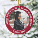 2 Photo Graduation Elegant Modern Red and White Ceramic Ornament<br><div class="desc">Commemorate the graduate's achievement with an elegant red and white custom two photo round graduation Christmas ornament. Pictures and all text are simple to customize and can be different on front and back. (IMAGE & TEXT DESIGN TIPS: 1) To adjust position of wording, add spaces at beginning or end. 2)...</div>