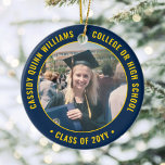 2 Photo Graduation Elegant Navy Blue Gold Yellow Ceramic Ornament<br><div class="desc">Commemorate the graduate's achievement with an elegant blue and gold custom two photo round graduation Christmas ornament. Pictures and all text are simple to customize and can be different on front and back. (IMAGE & TEXT DESIGN TIPS: 1) To adjust position of wording, add spaces at beginning or end. 2)...</div>