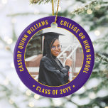 2 Photo Graduation Elegant Purple Gold Yellow Ceramic Ornament<br><div class="desc">Commemorate the graduate's achievement with an elegant purple and gold yellow custom two photo round graduation Christmas ornament. Pictures and all text are simple to customize and can be different on front and back.(IMAGE & TEXT DESIGN TIPS: 1) To adjust position of wording, add spaces at beginning or end. 2)...</div>