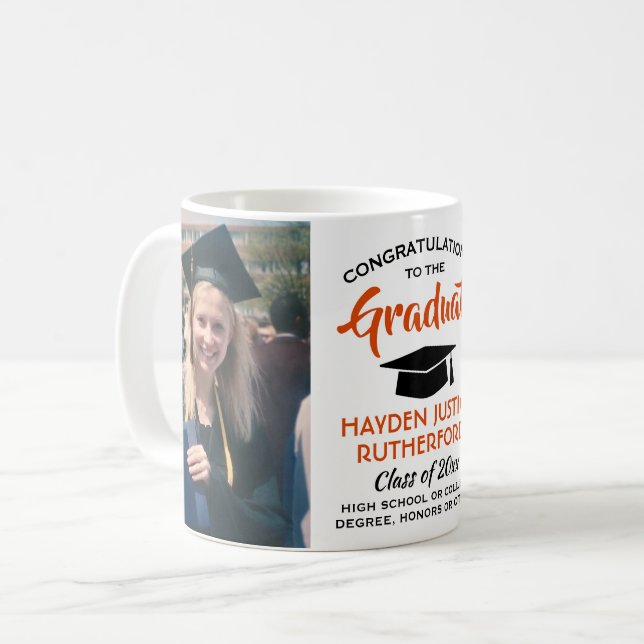 2 Photo Graduation Modern Orange Black and White Coffee Mug (Front Left)