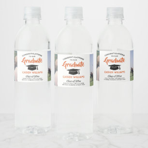 2 Photo Graduation Modern Orange Black and White Water Bottle Label