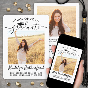 2 Photo Graduation Modern Script Black and White Announcement