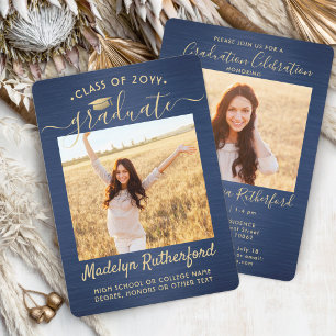 2 Photo Graduation Modern Script Brushed Navy Gold Invitation