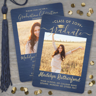2 Photo Graduation Modern Script Brushed Navy Gold Invitation