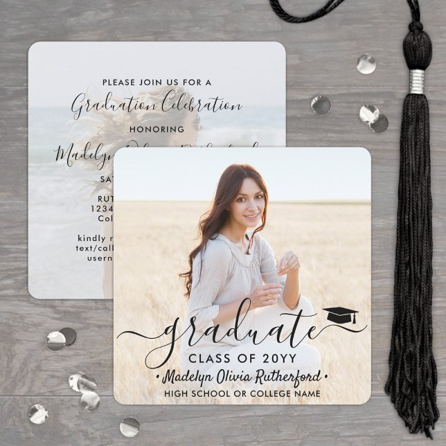 2 Photo Graduation Modern Simple Script Square Invitation (Creator Uploaded)