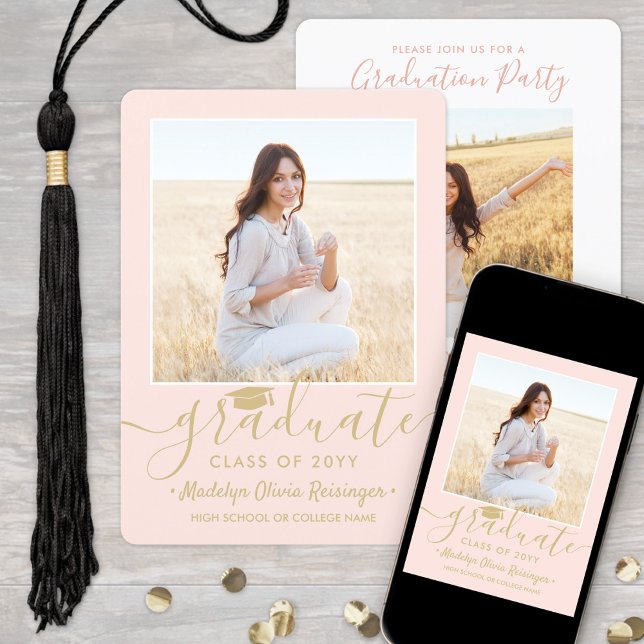 2 Photo Graduation Party Blush Pink & Gold Script Invitation (Creator Uploaded)