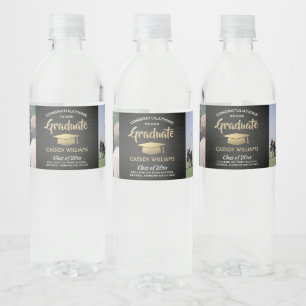 2 Photo Graduation Party Brushed Black Gold White Water Bottle Label