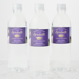 2 Photo Graduation Party Brushed Purple Gold White Water Bottle Label