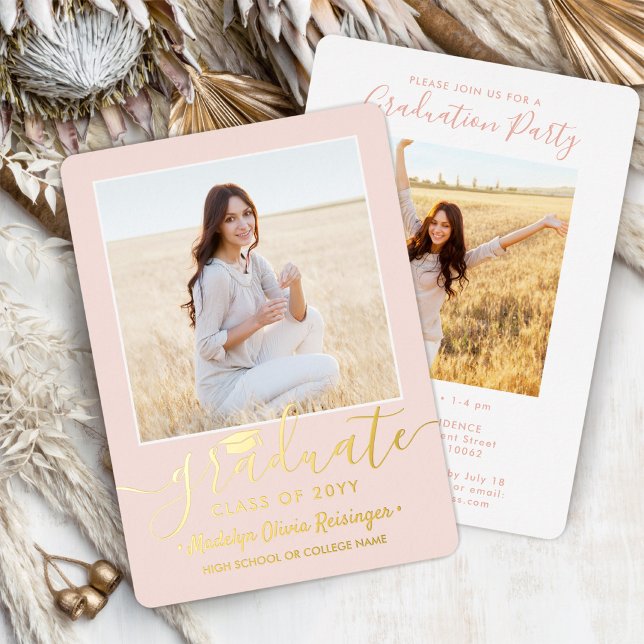 2 Photo Graduation Party Modern Blush Pink & Real (Creator Uploaded)