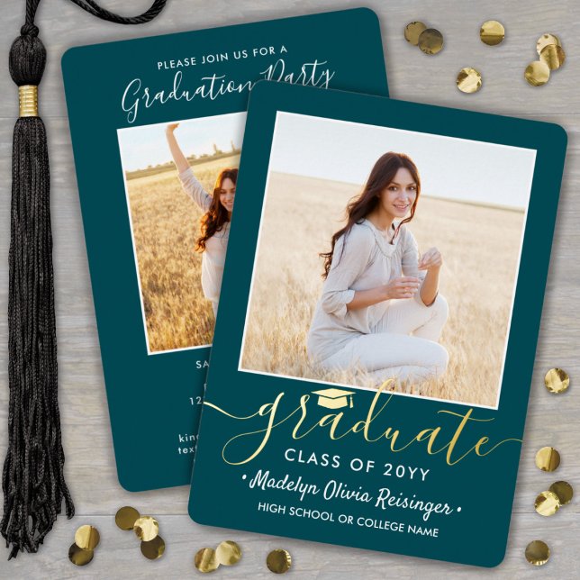 2 Photo Graduation Party Modern Script Teal and (Creator Uploaded)