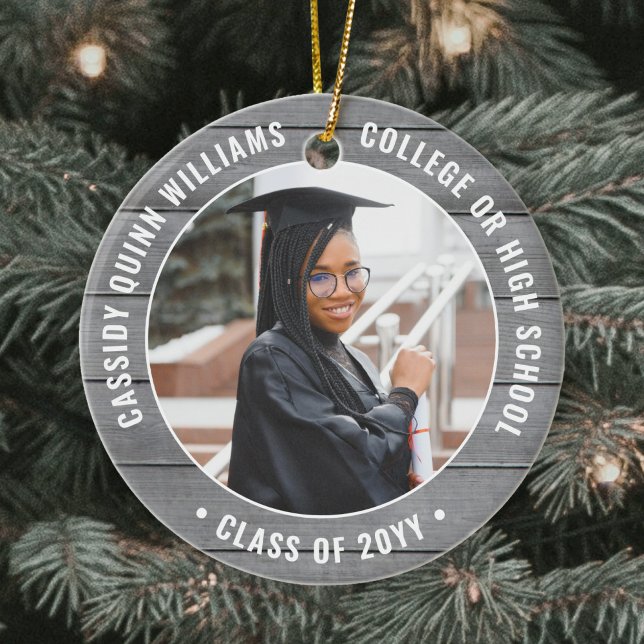 2 Photo Graduation Rustic Farmhouse Grey Faux Wood Ceramic Ornament (Creator Uploaded)