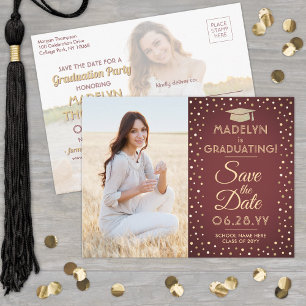 2 Photo Graduation Save the Date Burgundy and Gold Announcement Postcard
