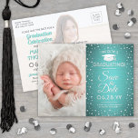 2 Photo Graduation Save the Date Teal Faux Silver Announcement Postcard<br><div class="desc">Time flies! Share the joyful news of your upcoming graduation party as well as 2 favourite then and now pictures with these elegant teal and silver glitter save the date postcard invitations. Images and wording are simple to customize. If preferred change "This Cutie" to "Our Princess" or other text. (IMAGE...</div>