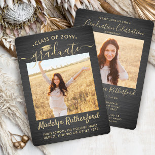 2 Photo Graduation Script Brushed Black and Gold Invitation