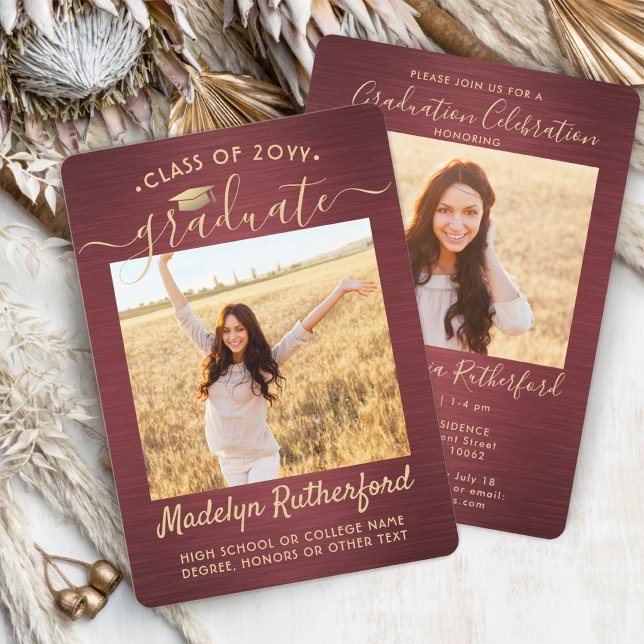 2 Photo Graduation Script Brushed Burgundy & Gold Invitation (Creator Uploaded)